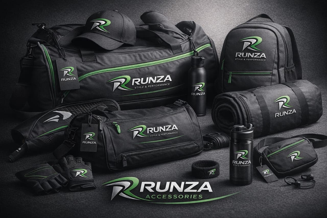 RUNZA branded sports accessories arranged as a complete performance collection